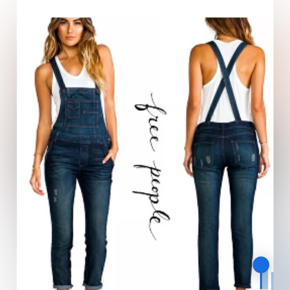 Free People Blue Denim Overalls Backless Jumpsuit. Size 27 Short.